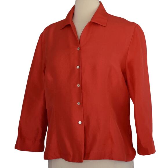 90s Dupioni Silk Blouse, Bracelet Length Sleeve Blouse, Red Minimalist Shirt, L - Picture 4 of 6